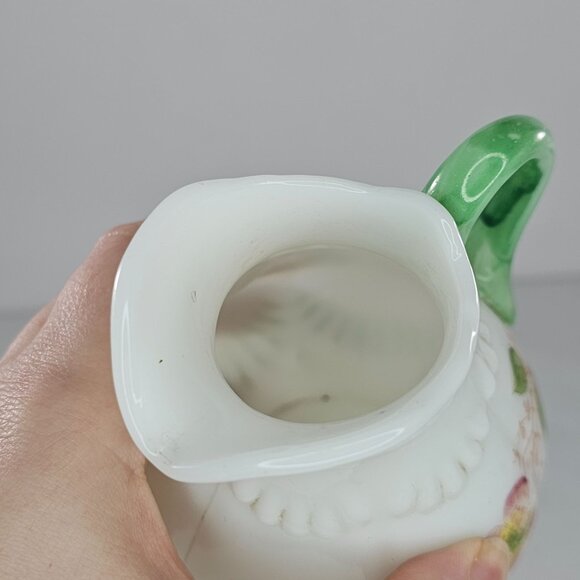 Antique Floral Porcelain Pitcher With Green Handle & Embossed Details - Picture 7 of 8